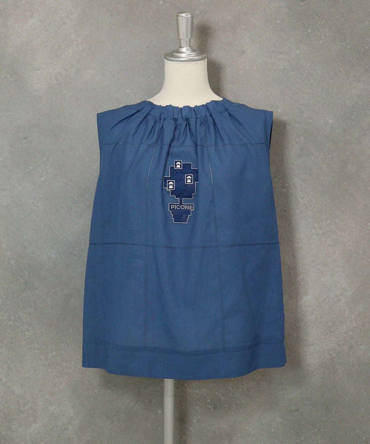 綿麻混ノースリギャザートップス（ブルー）