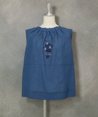 綿麻混ノースリギャザートップス（ブルー）