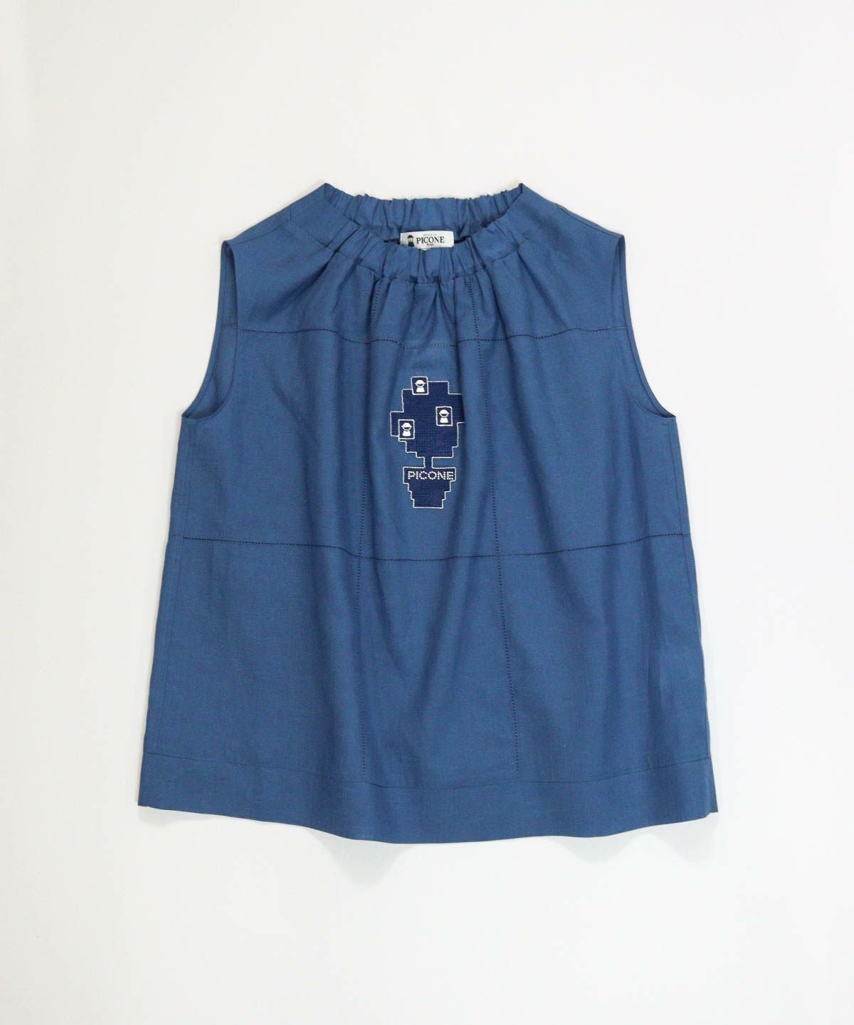 綿麻混ノースリギャザートップス置き画像（ブルー）