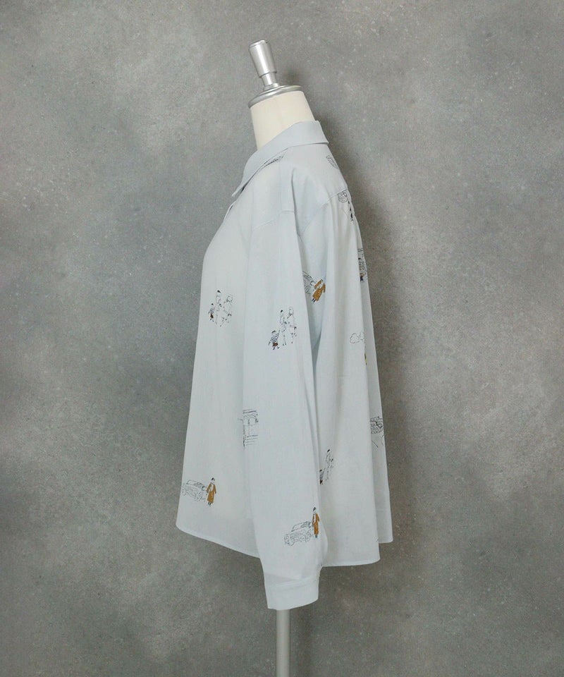 コットン100％ミニイラストシャツ横（ブルー）