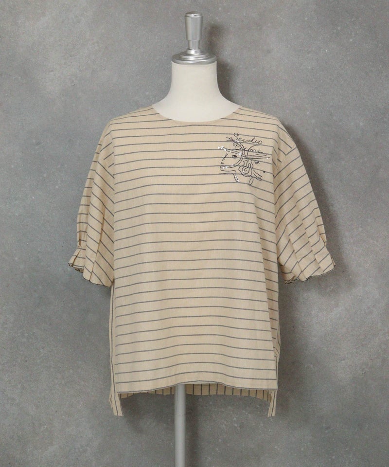 フリル袖綿麻ブラウス(ベージュ)前