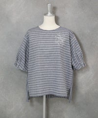 フリル袖綿麻ブラウス(ネイビー)前