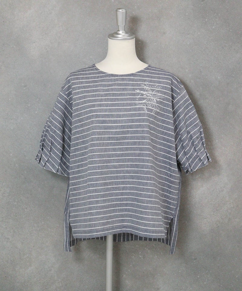 フリル袖綿麻ブラウス(ネイビー)前