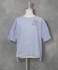 フリル袖綿麻ブラウス(ブルー)前