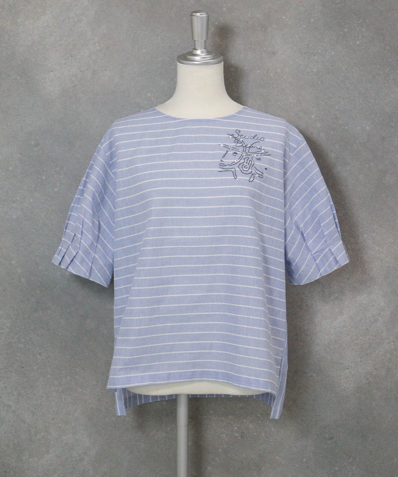 フリル袖綿麻ブラウス(ブルー)前