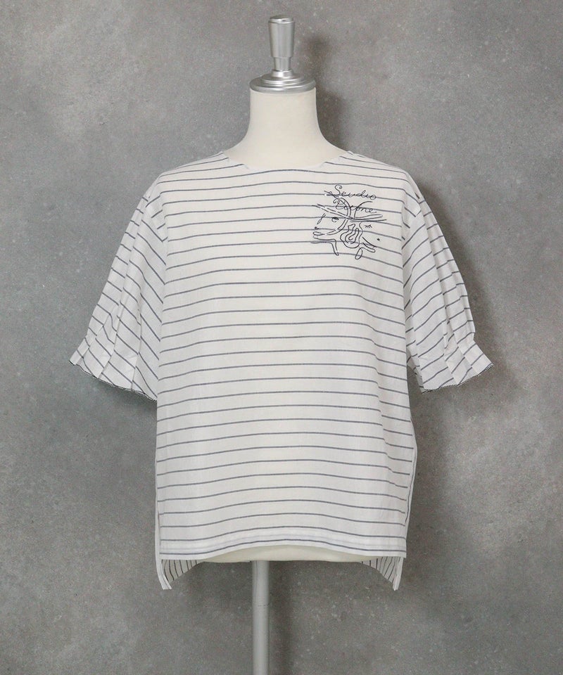 フリル袖綿麻ブラウス(ホワイト)前