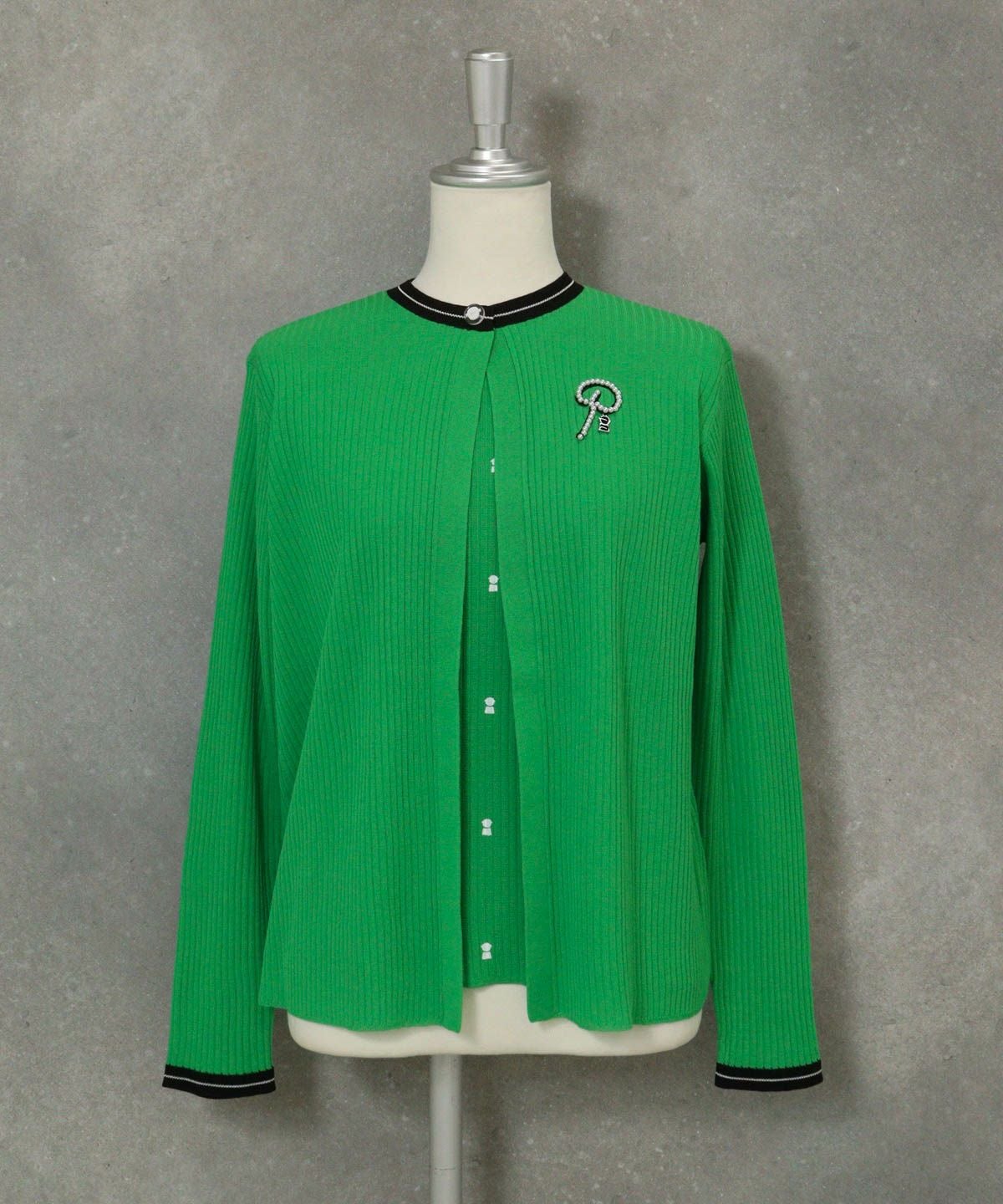 コットン混リブアンサンブルカーディガン（グリーン）