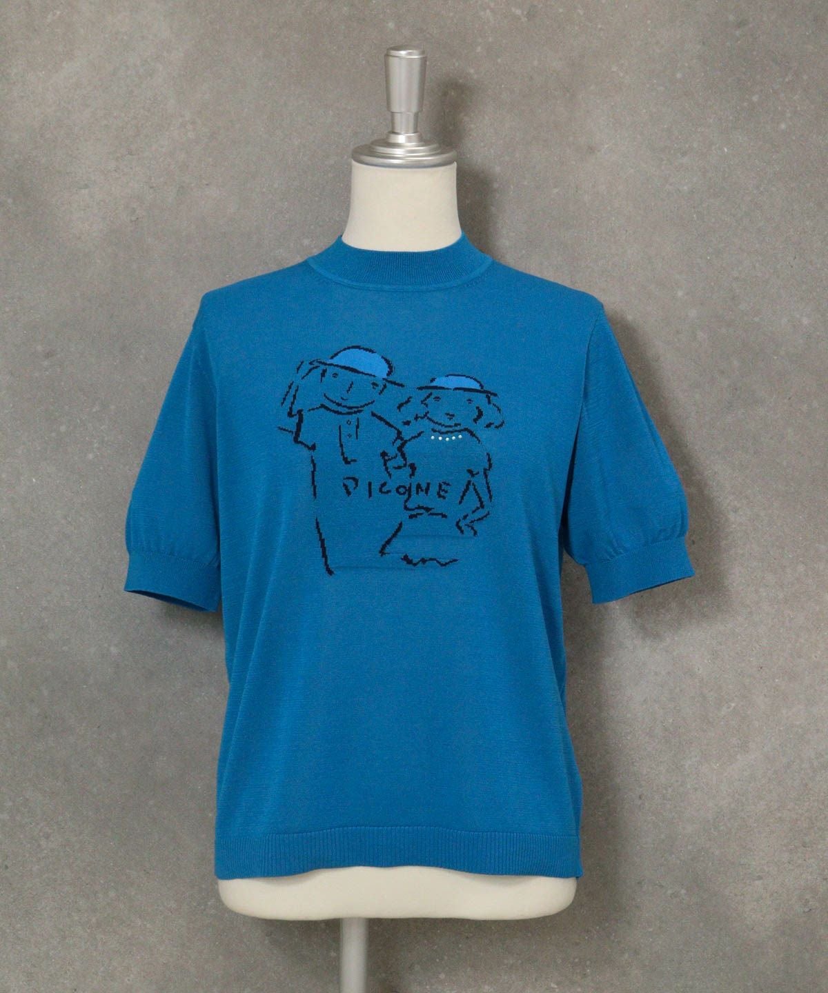 イラストニット半袖プルオーバー（ブルー）