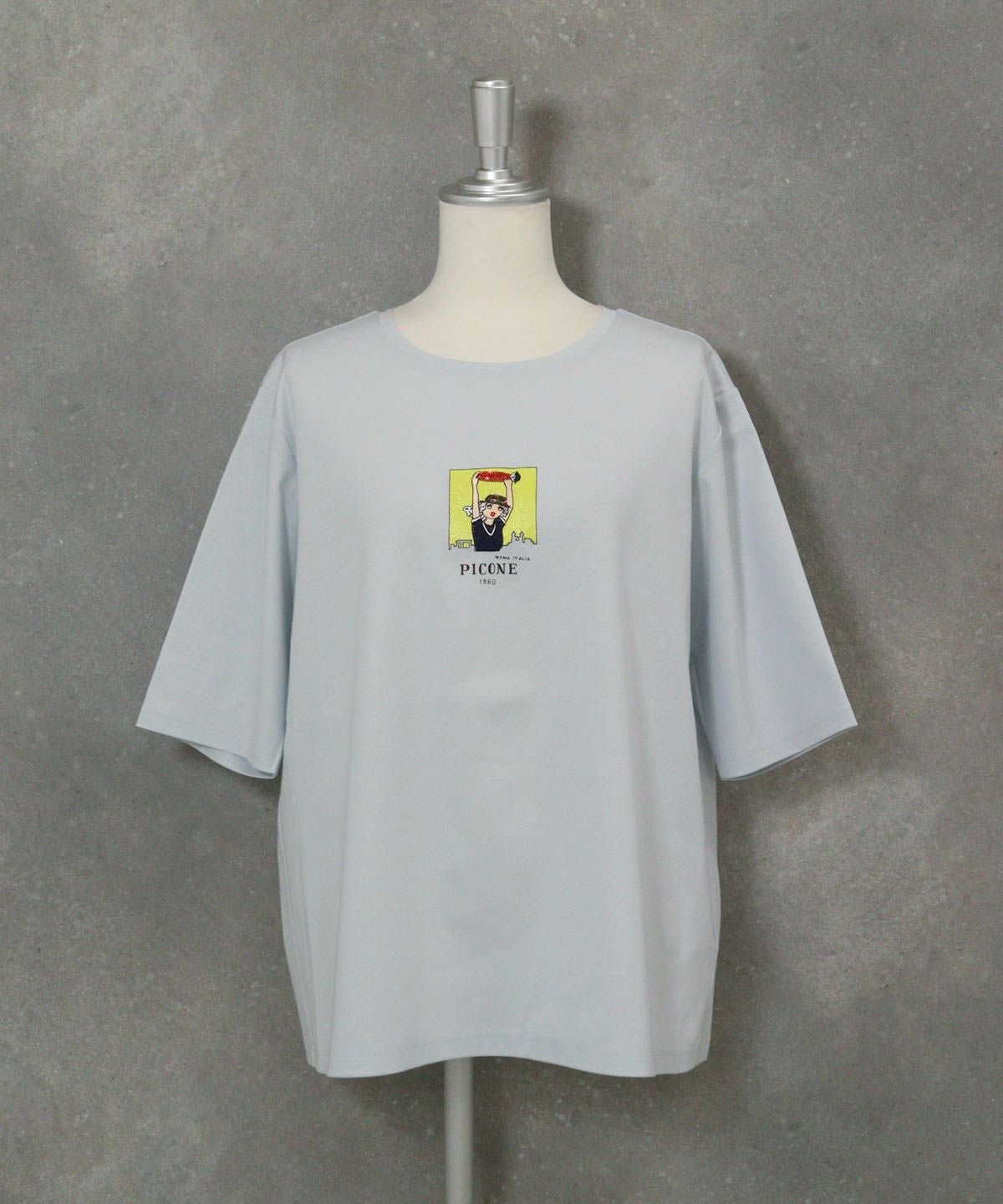 コットン100％5分袖刺繍プルオーバー（ライトブルー）