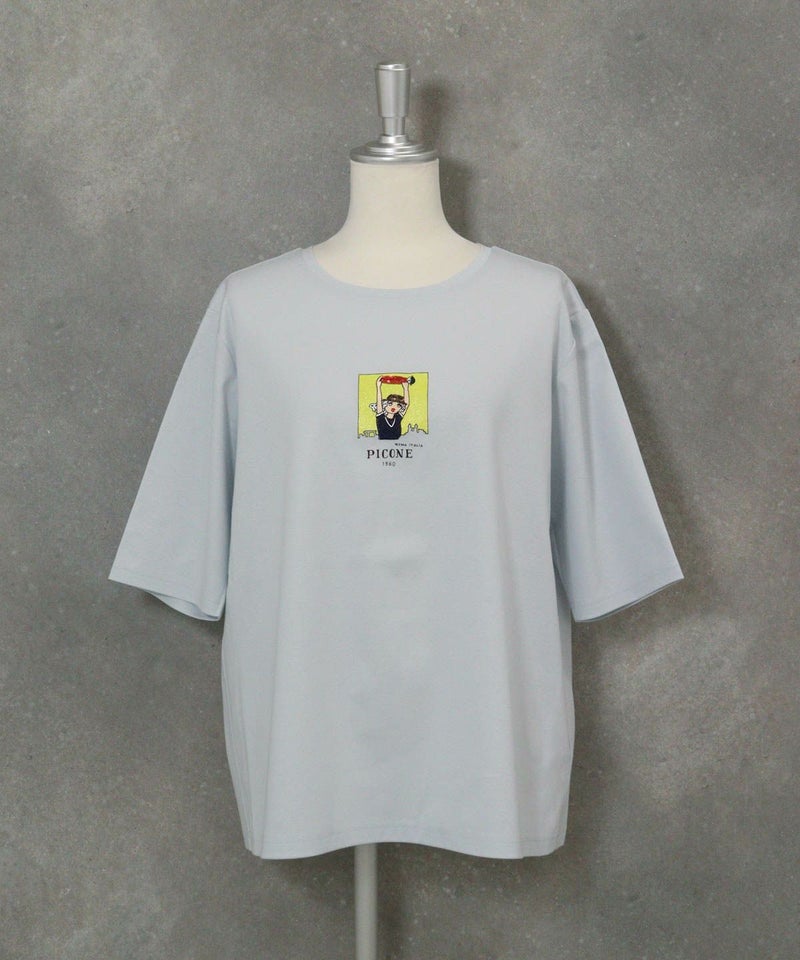 コットン100％5分袖刺繍プルオーバー（ライトブルー）