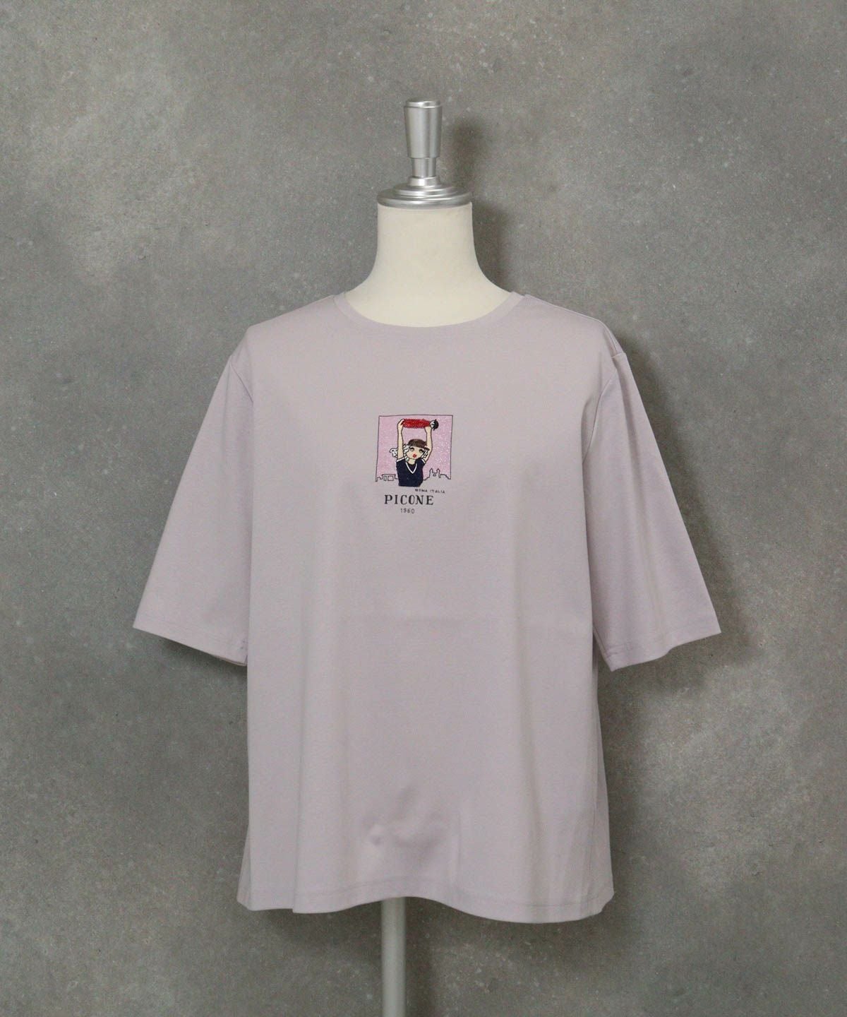 コットン100％5分袖刺繍プルオーバー（ライトグレー）