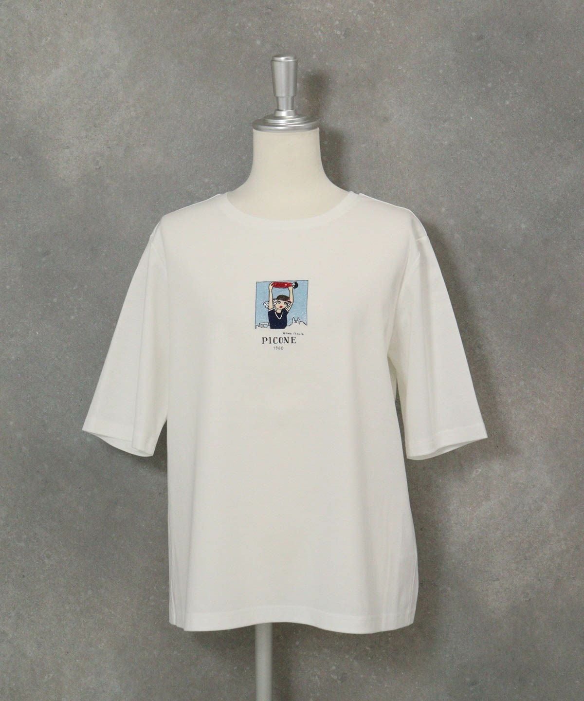 コットン100％5分袖刺繍プルオーバー（ホワイト）