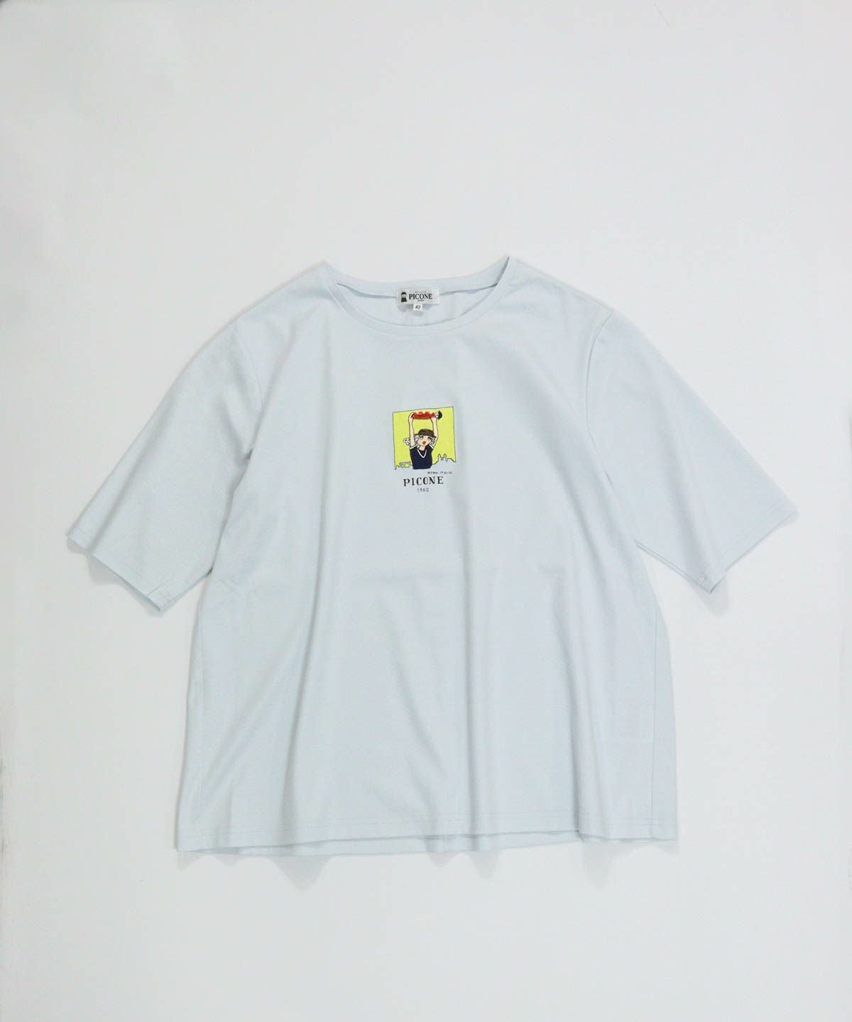 コットン100％5分袖刺繍プルオーバー（ライトブルー）