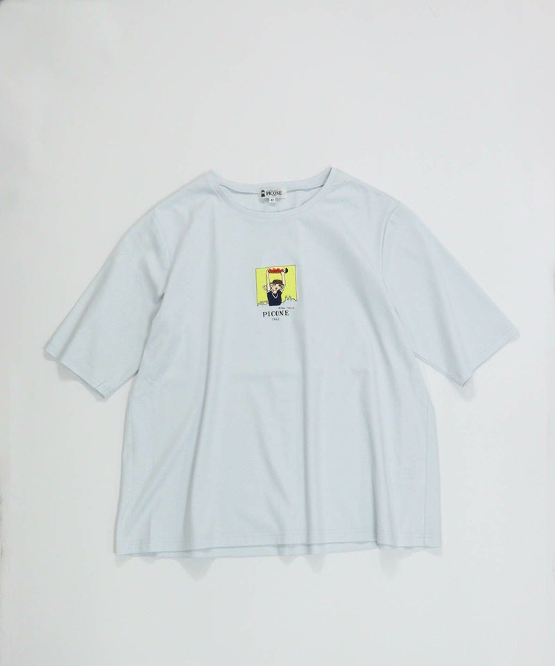 コットン100％5分袖刺繍プルオーバー（ライトブルー）