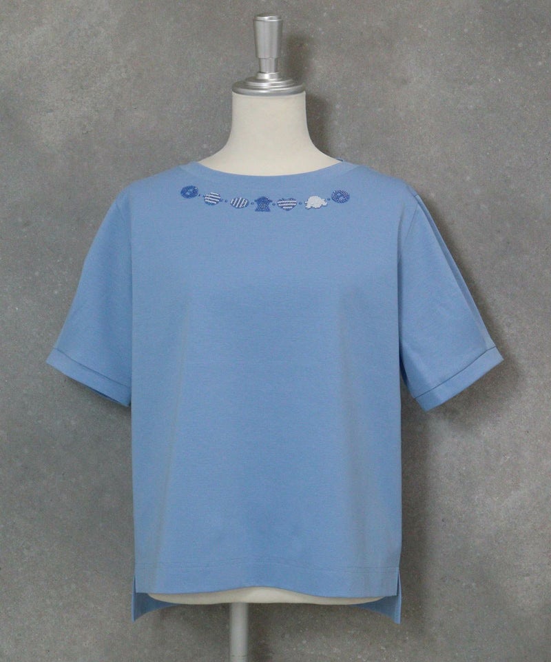 コットン100％ビーズ刺繍UVプルオーバー（ライトブルー）