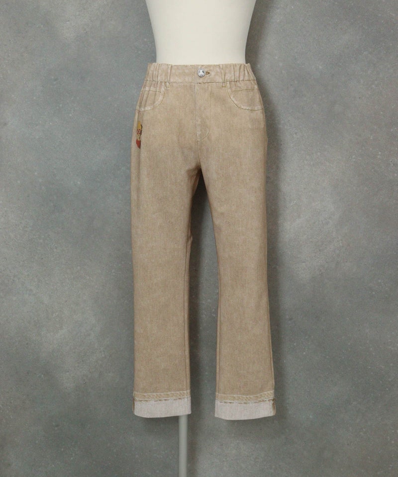 デニム風プリント9分丈パンツ(ベージュ)前