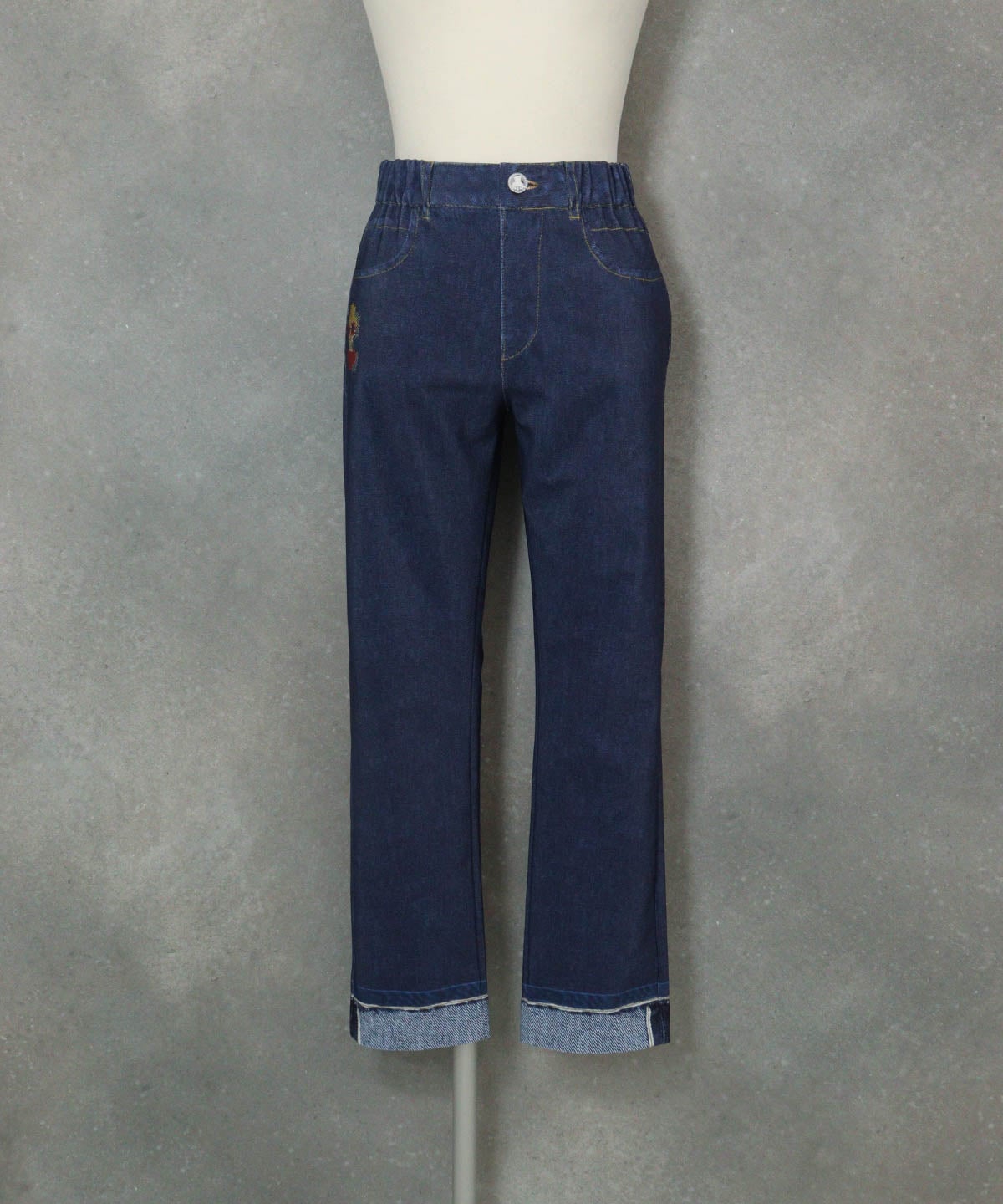 デニム風プリント9分丈パンツ(ネイビー)前