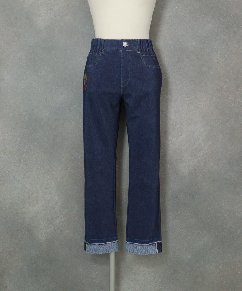 デニム風プリント9分丈パンツ(ネイビー)前