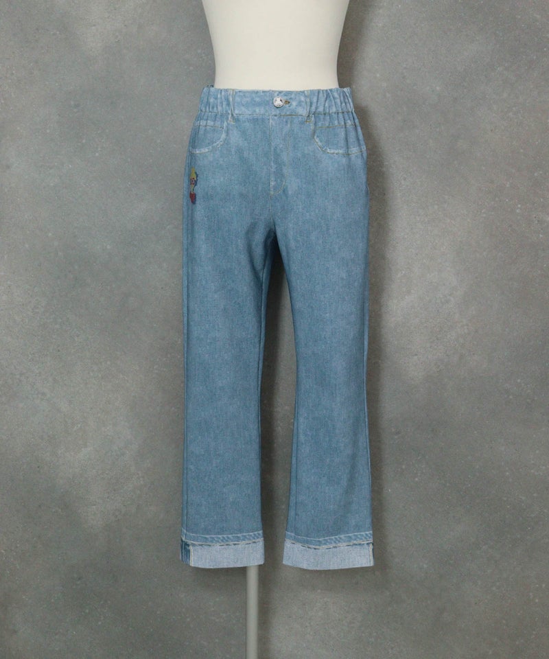 デニム風プリント9分丈パンツ(ライトブルー)前