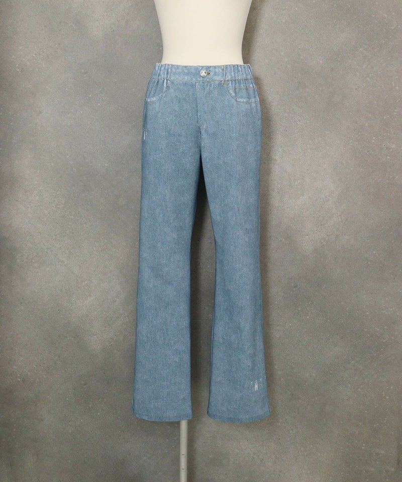 デニム風プリントイージーパンツ(ライトブルー)前