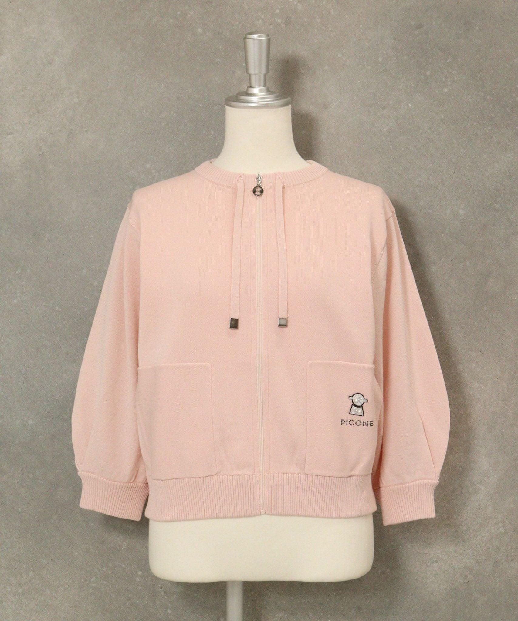 ポケット刺繍七分袖ニットブルゾン(ピンク)前