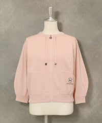 ポケット刺繍七分袖ニットブルゾン(ピンク)前