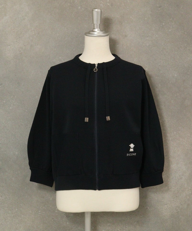 ポケット刺繍七分袖ニットブルゾン(ネイビー)前