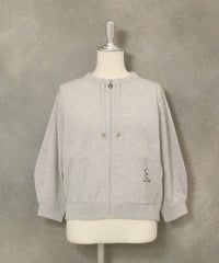 ポケット刺繍七分袖ニットブルゾン(ライトグレー)前