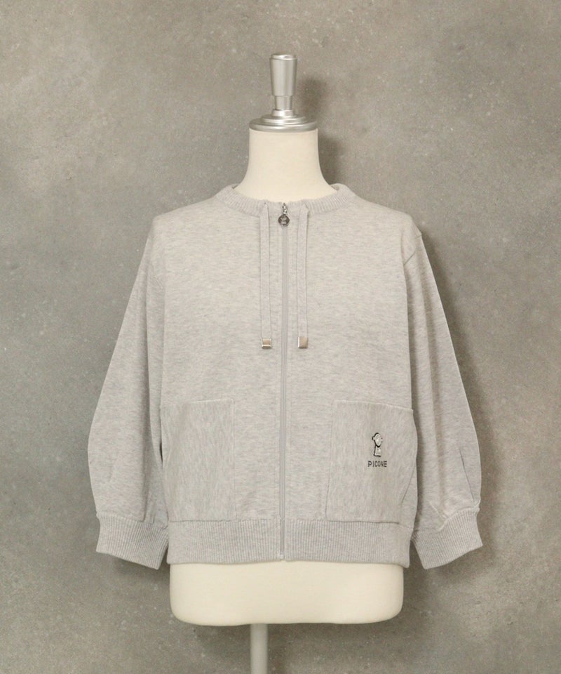 ポケット刺繍七分袖ニットブルゾン(ライトグレー)前