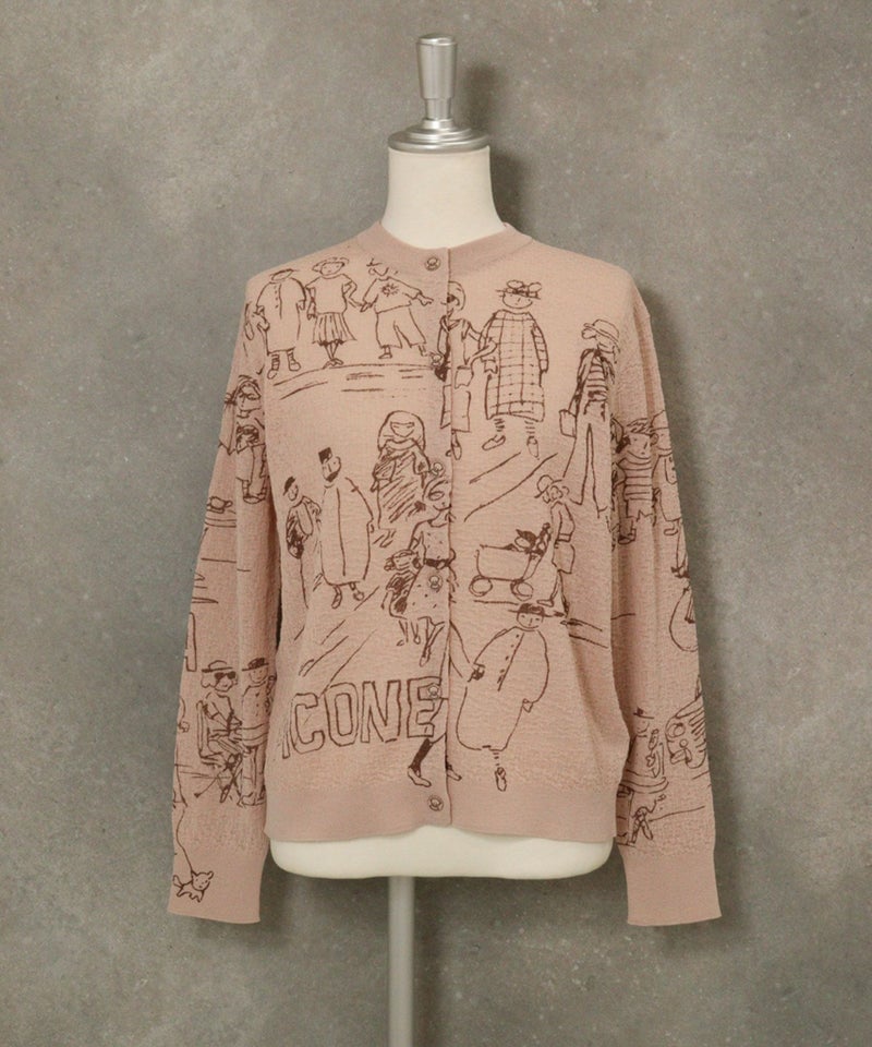 コットン混イラストニットカーディガン(ベージュ)前