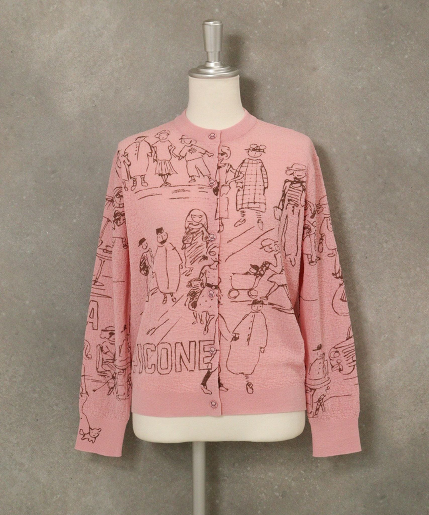 コットン混イラストニットカーディガン(ピンク)前