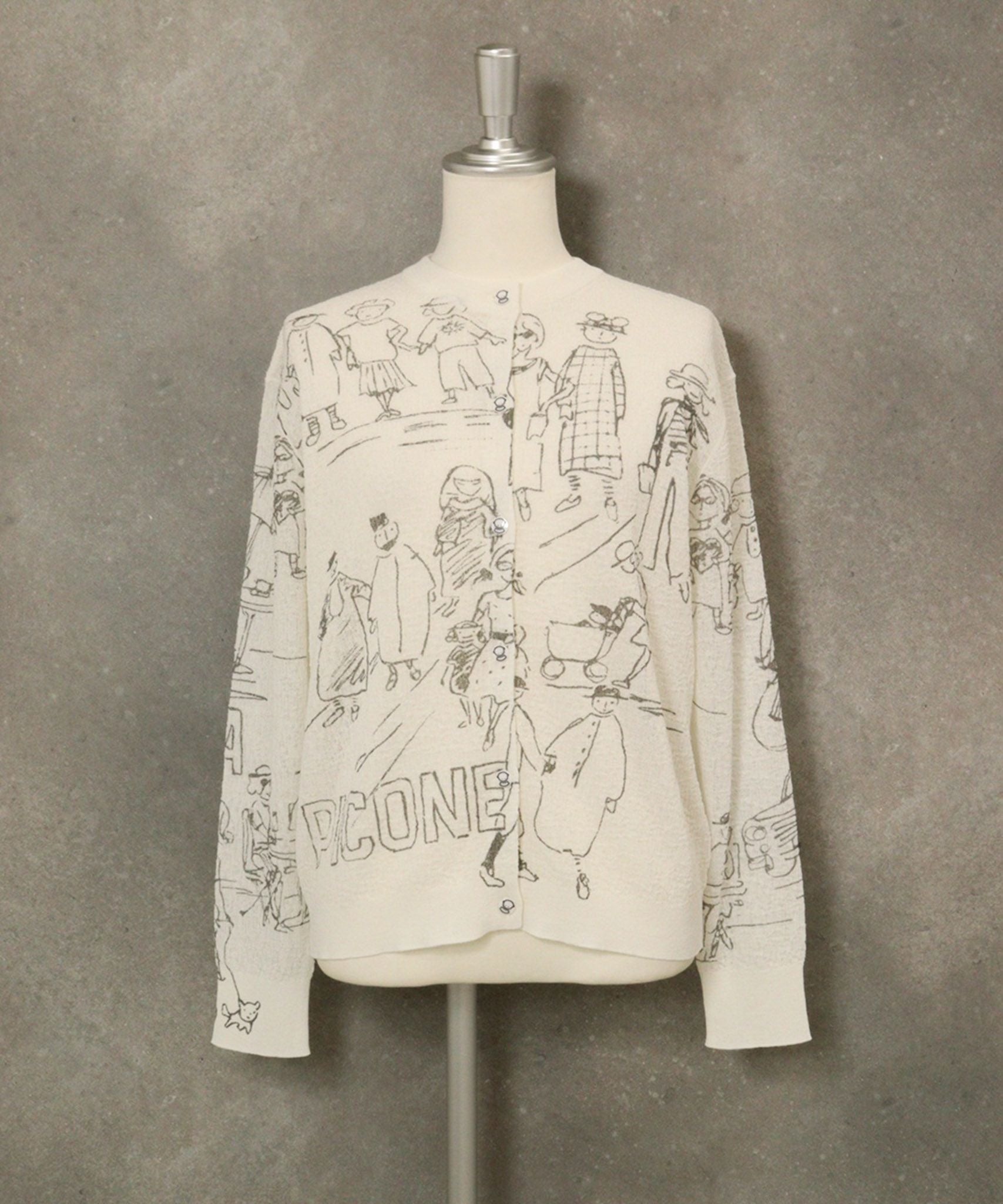 コットン混イラストニットカーディガン(ホワイト)前