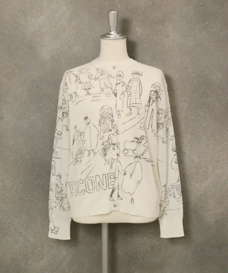 コットン混イラストニットカーディガン(ホワイト)前