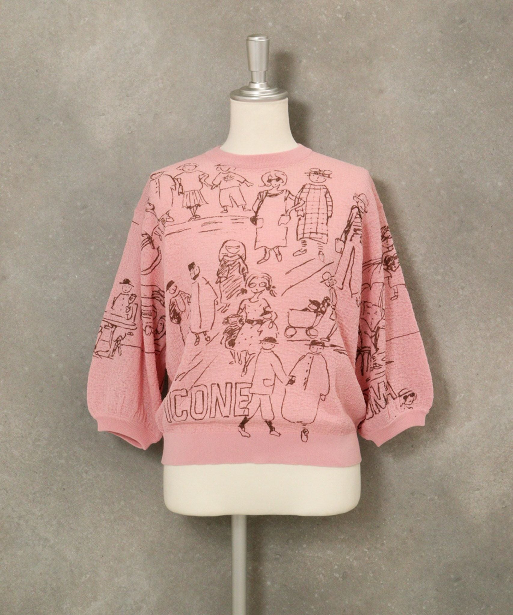 コットン混七分袖イラストニット(ピンク)前