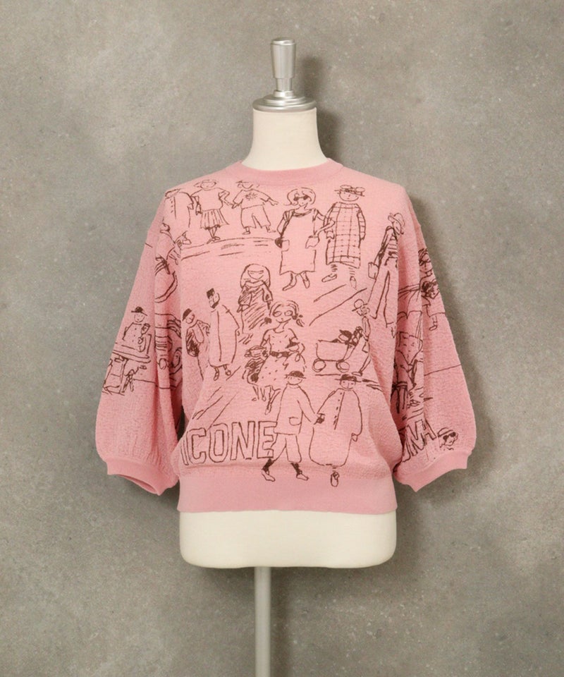 コットン混七分袖イラストニット(ピンク)前