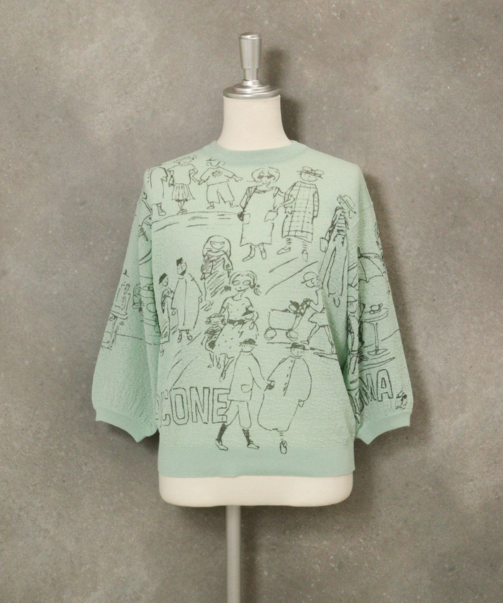 コットン混七分袖イラストニット(ライトグリーン)前