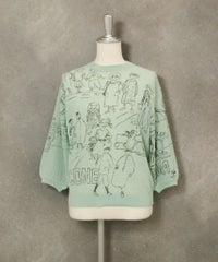 コットン混七分袖イラストニット(ライトグリーン)前