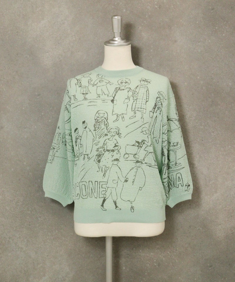 コットン混七分袖イラストニット(ライトグリーン)前