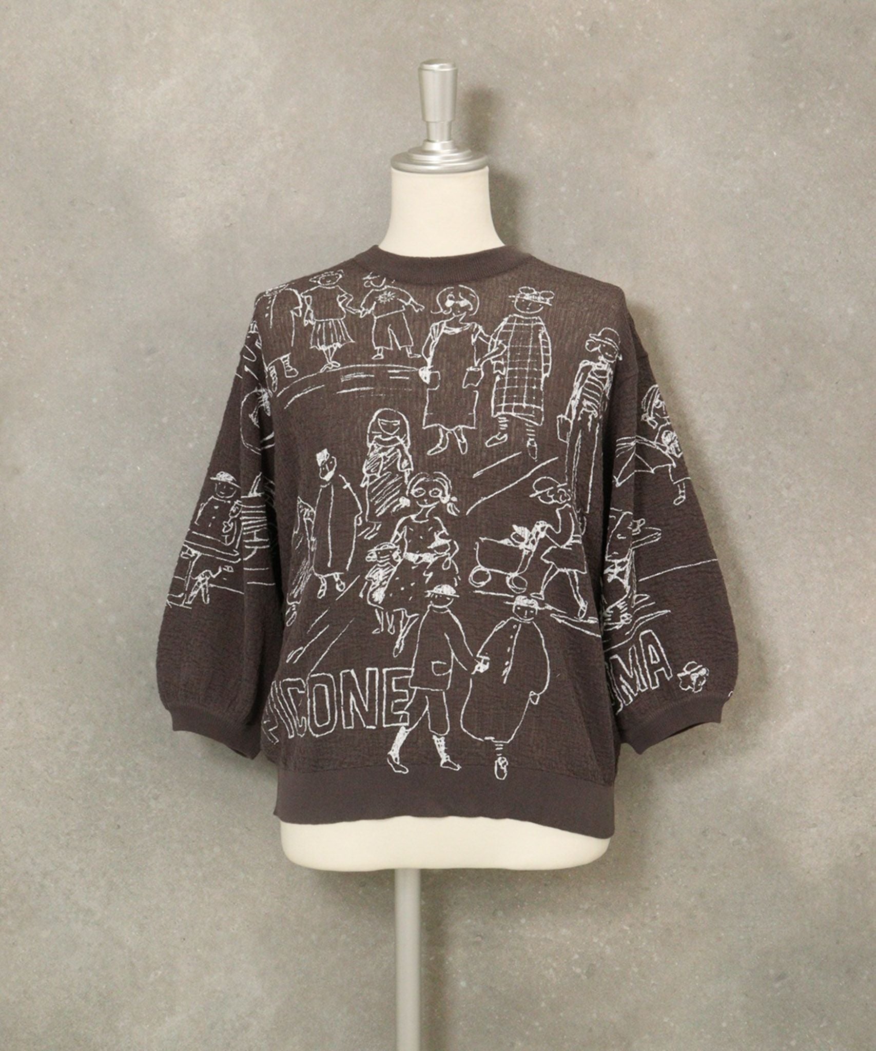 コットン混七分袖イラストニット(グレー)前