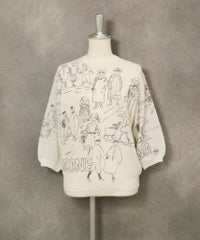 コットン混七分袖イラストニット(ホワイト)前