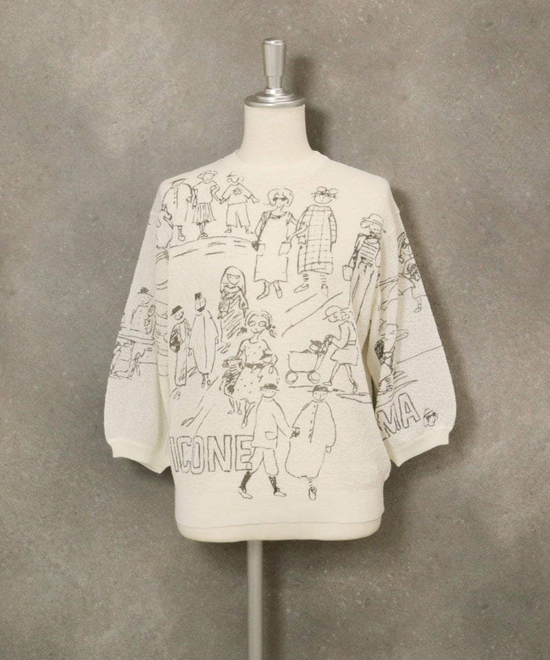 コットン混七分袖イラストニット(ホワイト)前