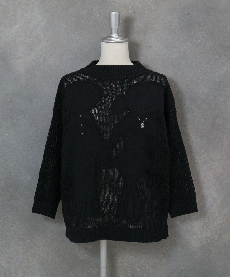 コットン混七分袖メッシュニット(ブラック)前