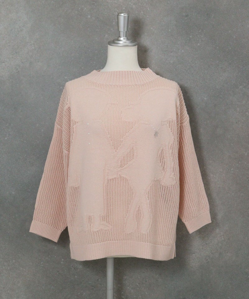 コットン混七分袖メッシュニット(ピンク)前