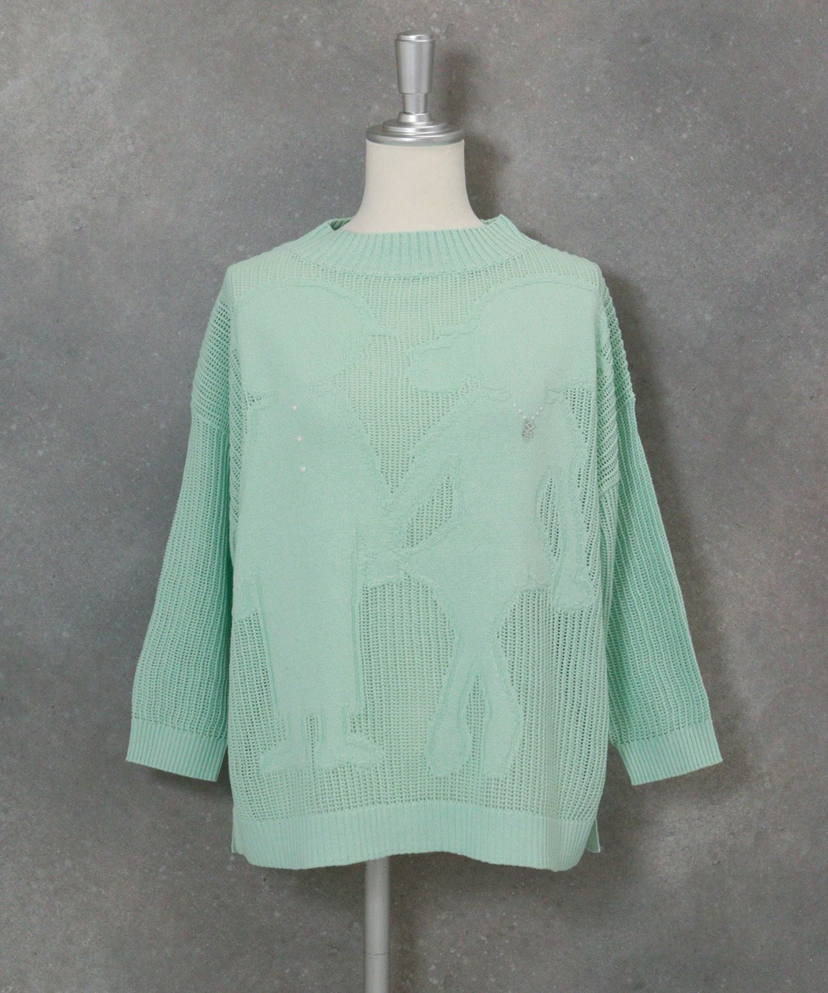 コットン混七分袖メッシュニット(ライトグリーン)前