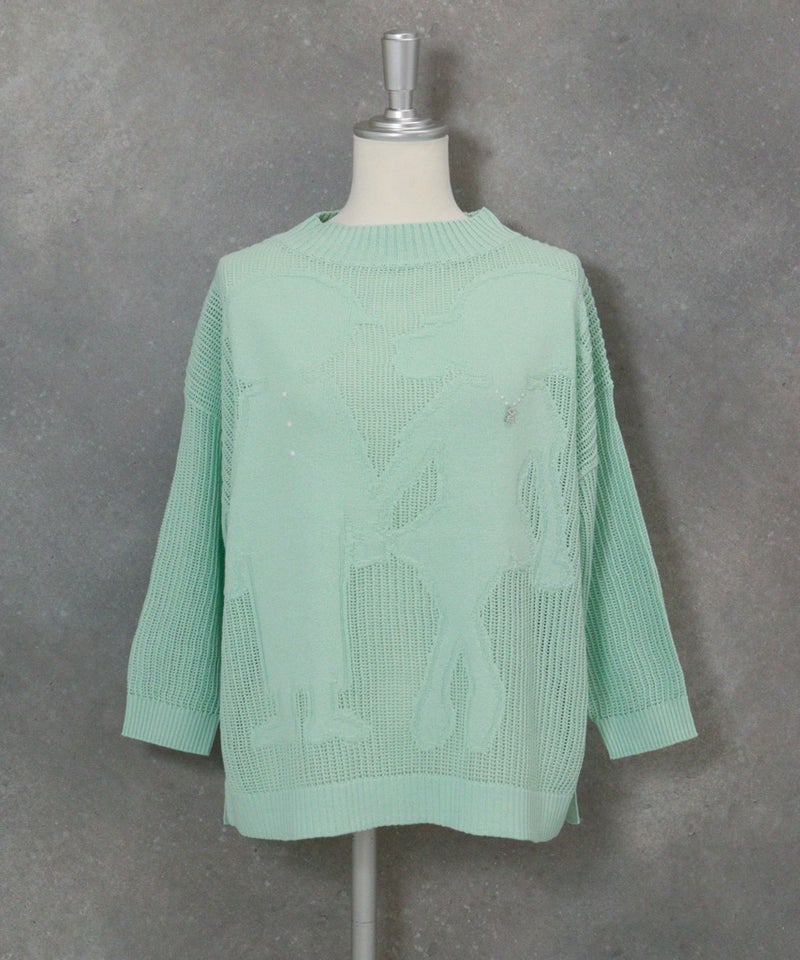 コットン混七分袖メッシュニット(ライトグリーン)前