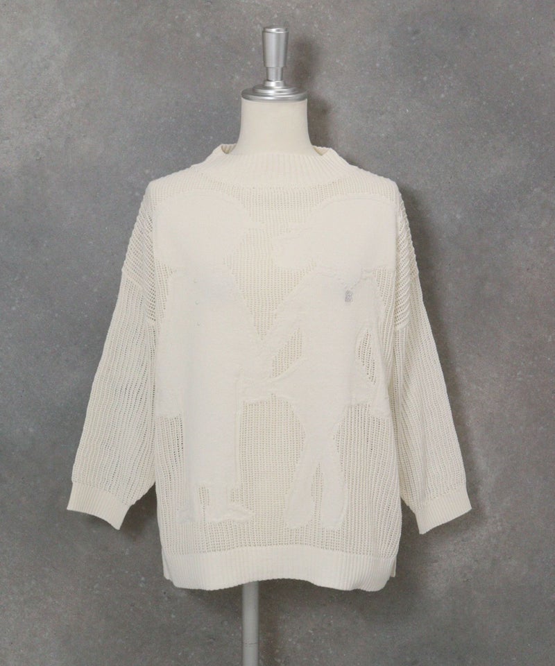 コットン混七分袖メッシュニット(ホワイト)前