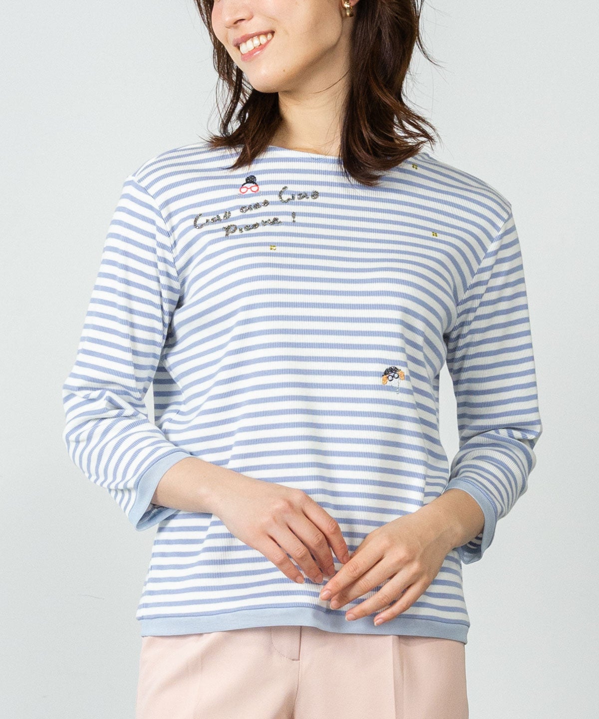 【新品未使用タグ付き】ピッコーネ picone ボーダー　トップスブラウス7部袖 ビーズ刺繍七分袖ボーダープルオーバー|スタジオピッコーネ - ゴルフ