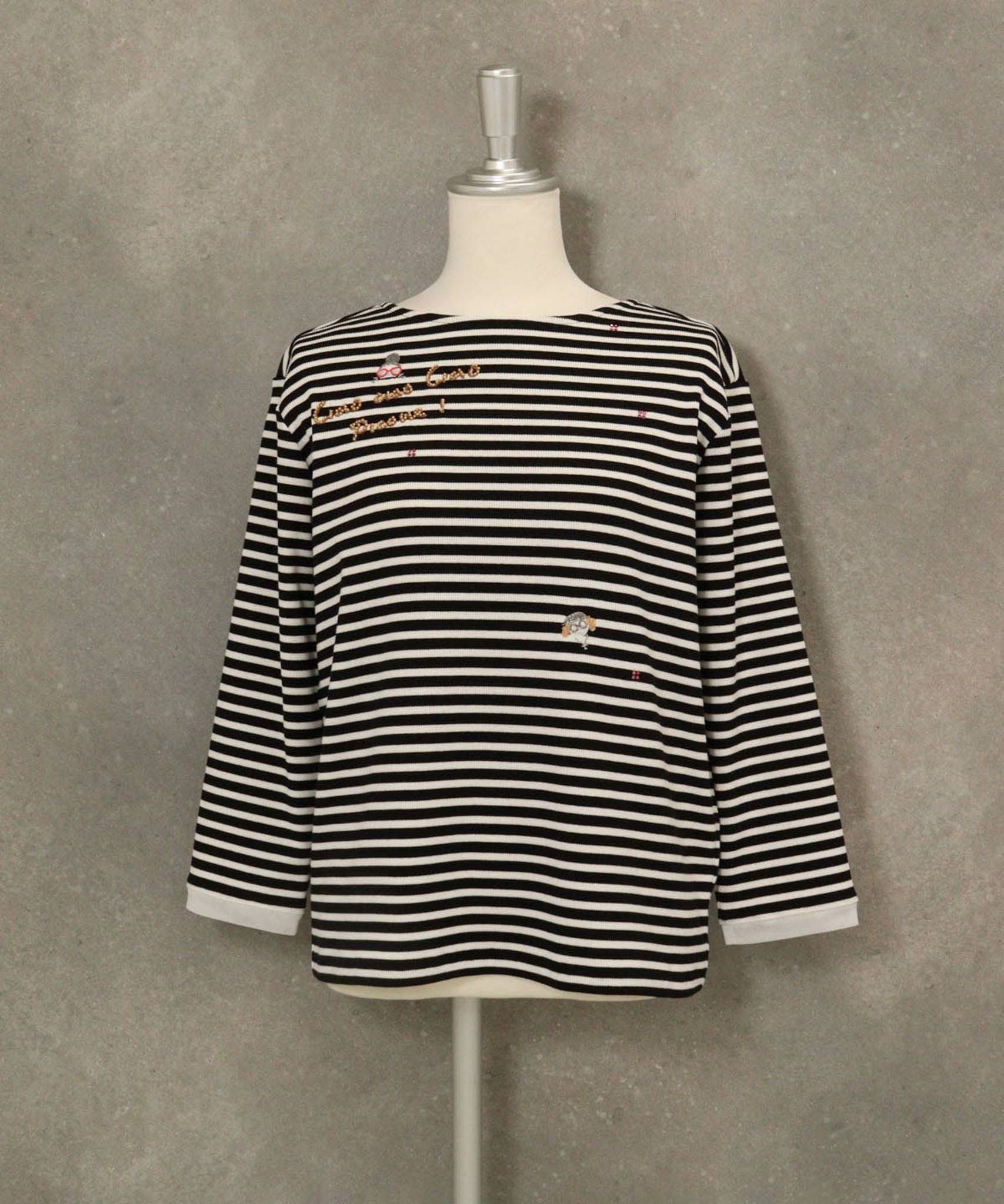 ビーズ刺繍七分袖ボーダープルオーバー(ブラック)前