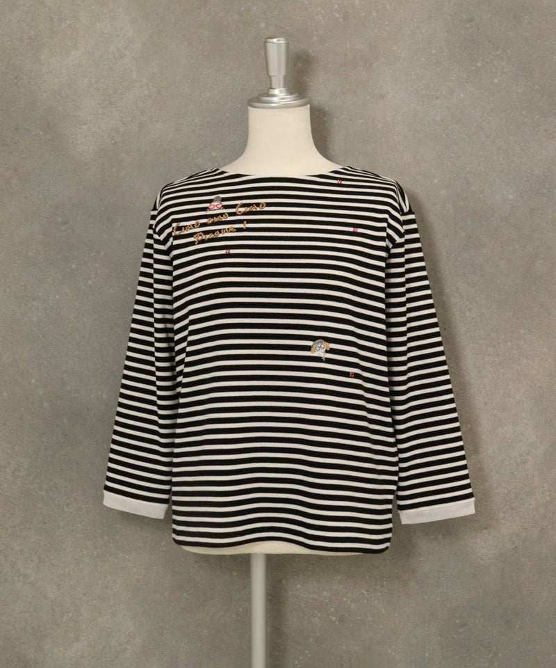 ビーズ刺繍七分袖ボーダープルオーバー(ブラック)前