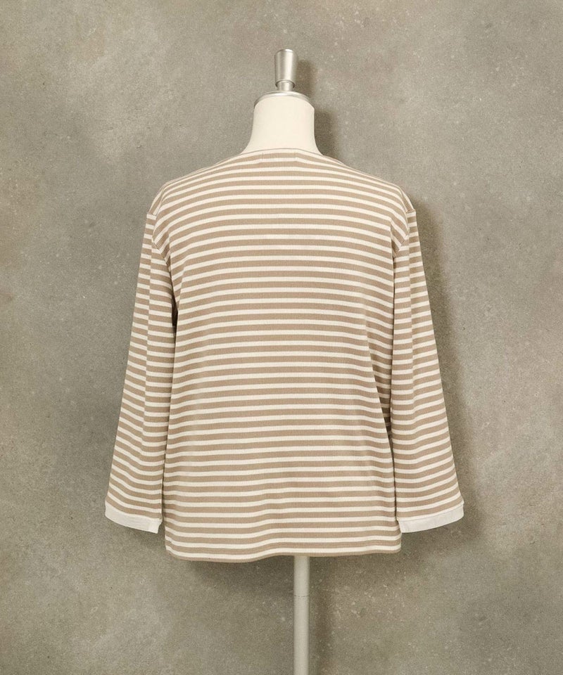 ビーズ刺繍七分袖ボーダープルオーバー(ベージュ)後ろ